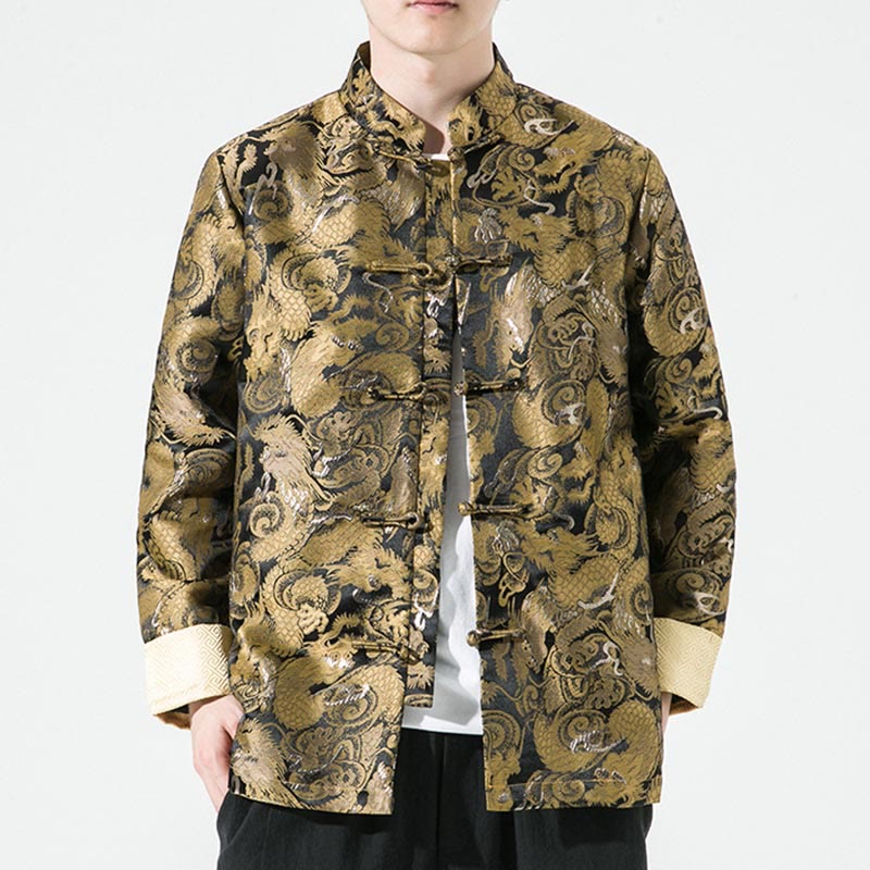 Camisa y chaqueta de algodón para hombre con botones de rana y dragón chino y Buddha Stones