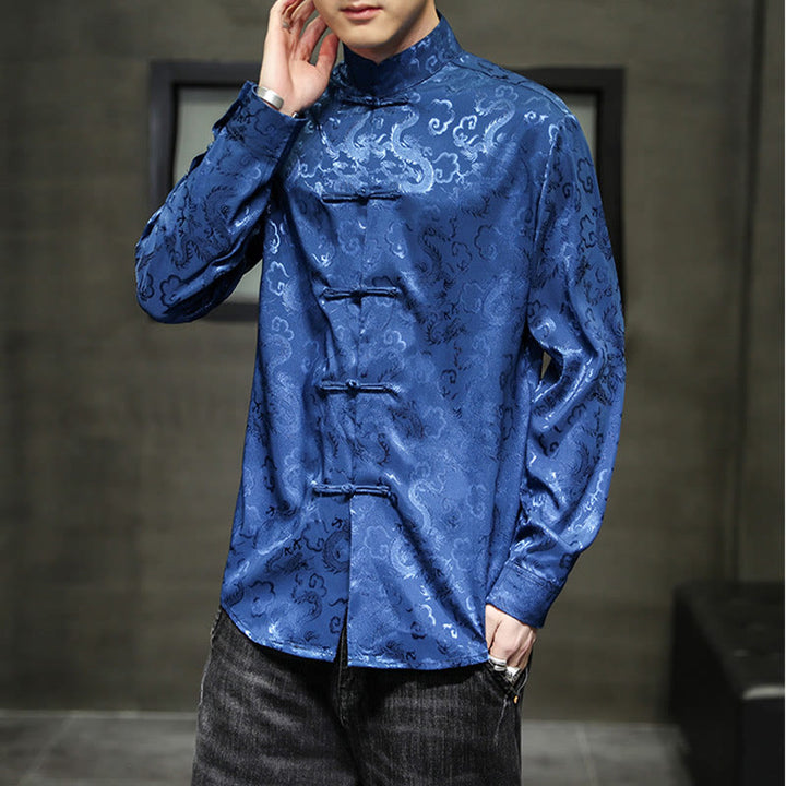 Chaqueta y camisa de lino para hombre con diseño informal de dragón y botones de Buddha Stones - image 6