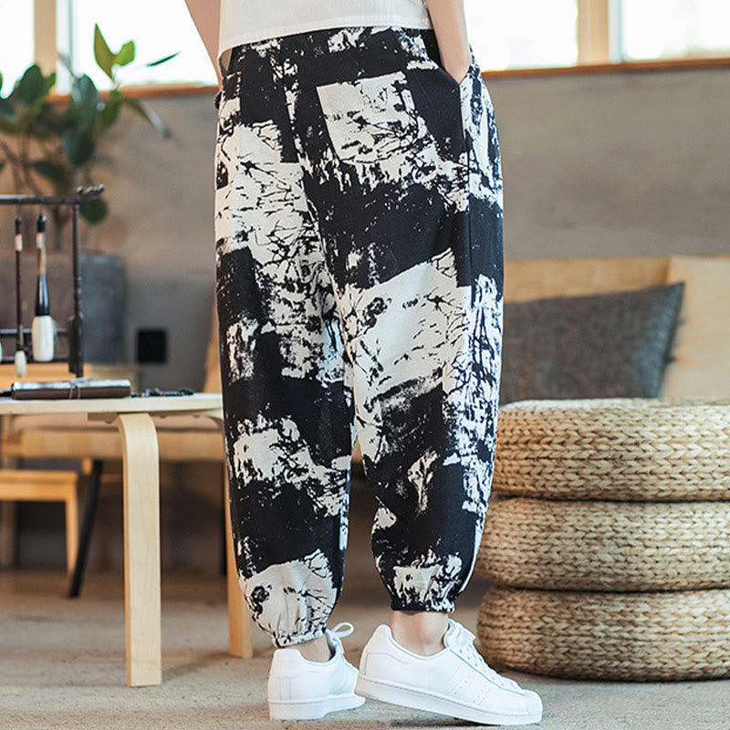 Pantalones harén de lino y algodón con cordón y bolsillos para hombre, con diseño de tinta blanca y negra y Buddha Stones - image 4