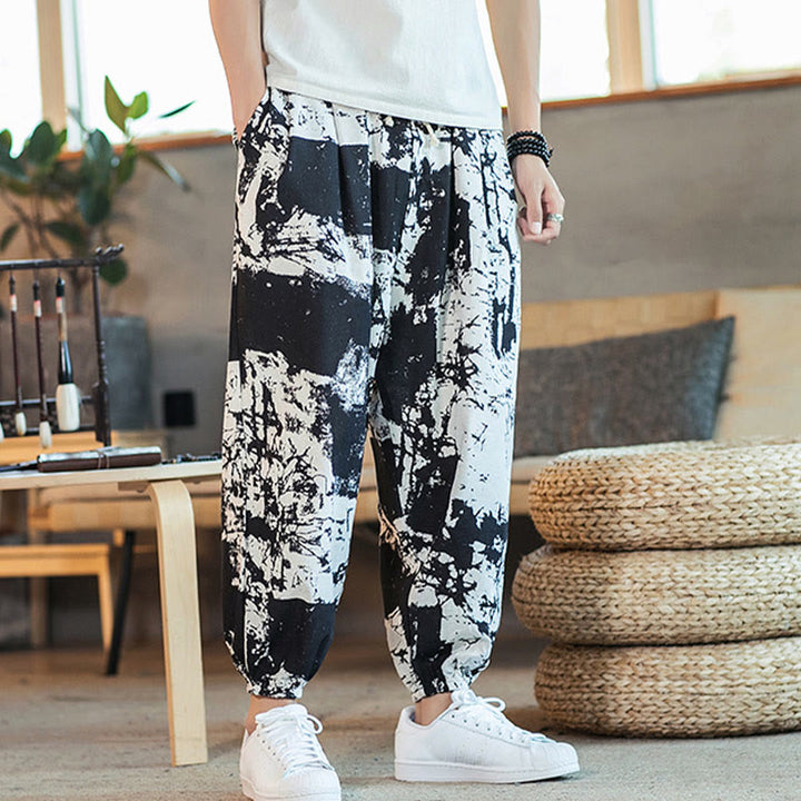 Pantalones harén de lino y algodón con cordón y bolsillos para hombre, con diseño de tinta blanca y negra y Buddha Stones - image 5