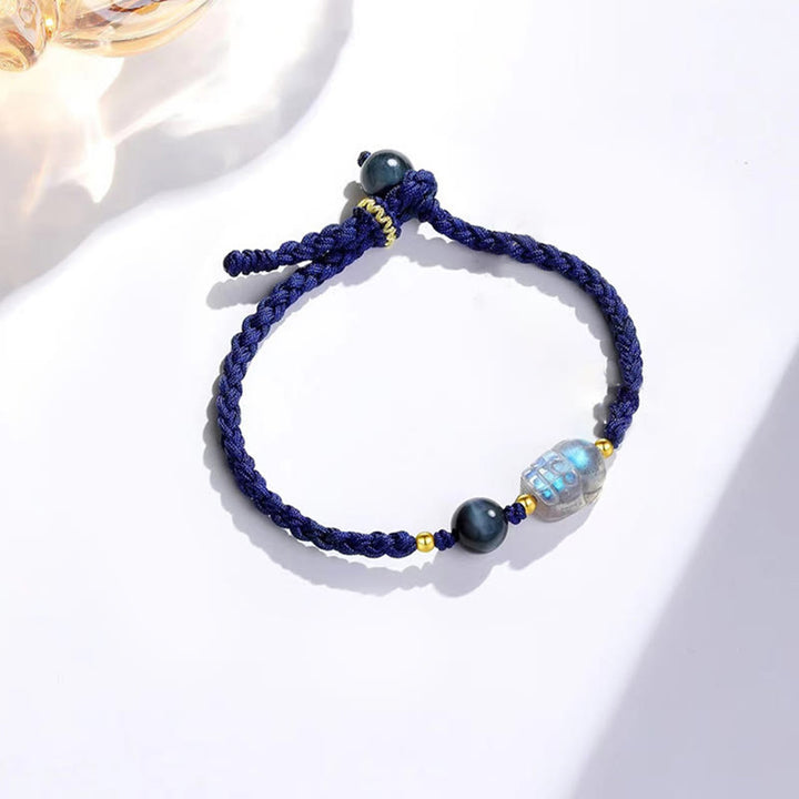 Pulsera de cuerda curativa para pareja con personajes Fu y Buddha Stones lunar PiXiu y ojo de tigre azul