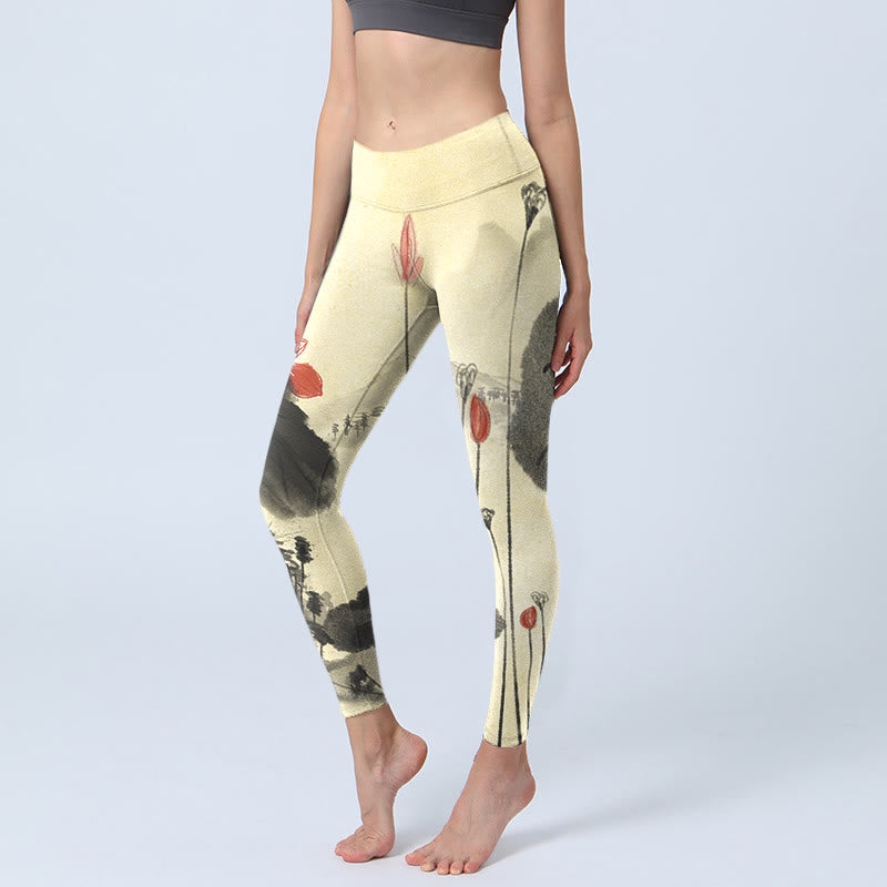 Leggings de yoga para mujer con estampado de casas, montañas y Buddha Stones - Amarillo vara de oro claro - US18,UK/AU22,EU50 (4XL) - image 1