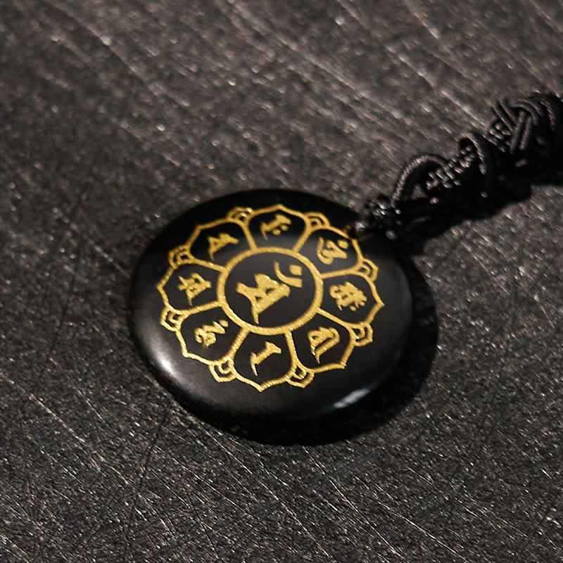 Collar con colgante de fuerza de obsidiana negra, Buddha Stones Om Mani Padme Hum naturales, varios cristales