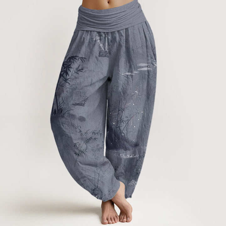 Pantalones harén con cintura elástica para mujer, informales, con pintura de tinta de roca de bambú y Buddha Stones - Gris pizarra - US22,UK/AU26,EU54 (6XL) - image 1