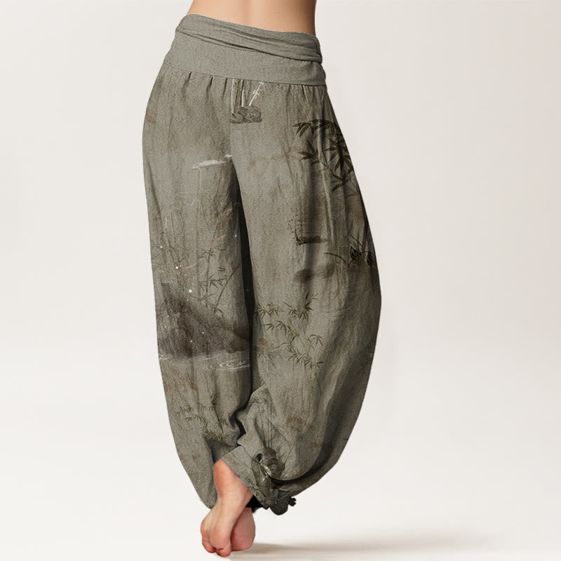 Pantalones harén con cintura elástica para mujer, informales, con pintura de tinta de roca de bambú y Buddha Stones - image 7