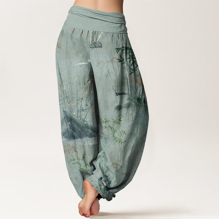 Pantalones harén con cintura elástica para mujer, informales, con pintura de tinta de roca de bambú y Buddha Stones - image 10