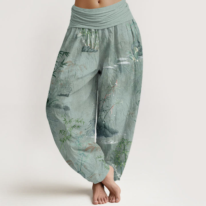 Pantalones harén con cintura elástica para mujer, informales, con pintura de tinta de roca de bambú y Buddha Stones - Verde mar oscuro - US22,UK/AU26,EU54 (6XL) - image 8