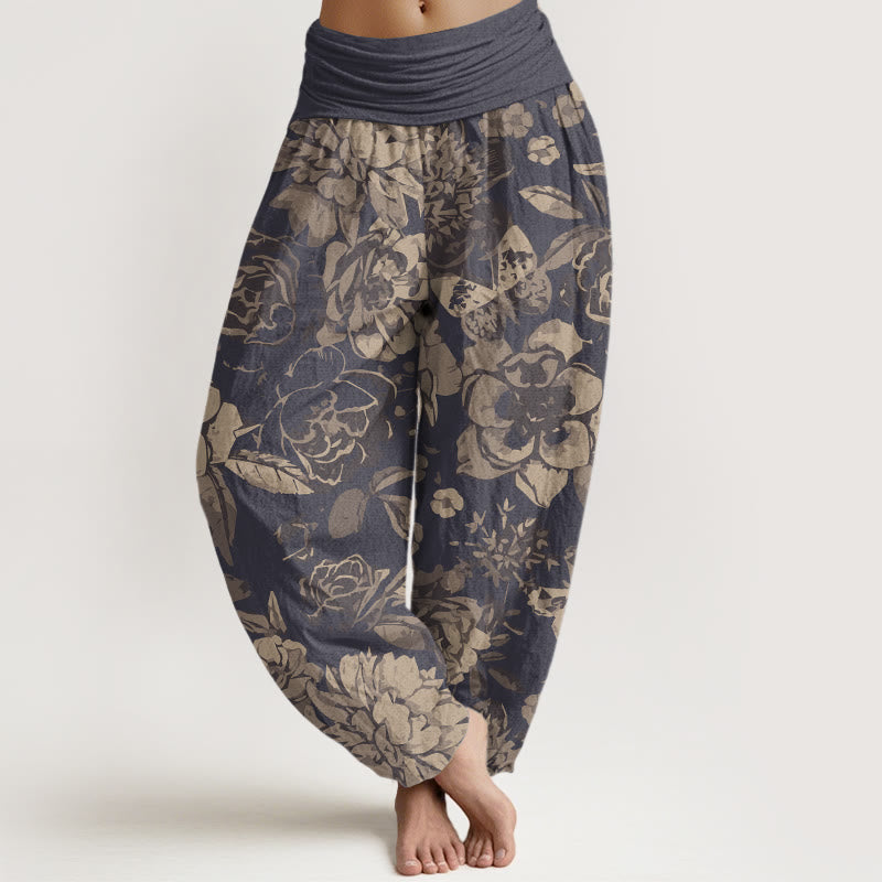 Pantalones harén con cintura elástica para mujer, informales, con diseño de flores de peonía y hojas de Buddha Stones - Gris oscuro - US22,UK/AU26,EU54 (6XL) - image 1