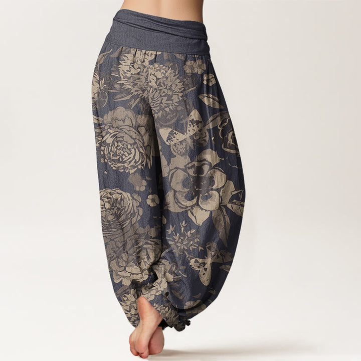 Pantalones harén con cintura elástica para mujer, informales, con diseño de flores de peonía y hojas de Buddha Stones - image 3