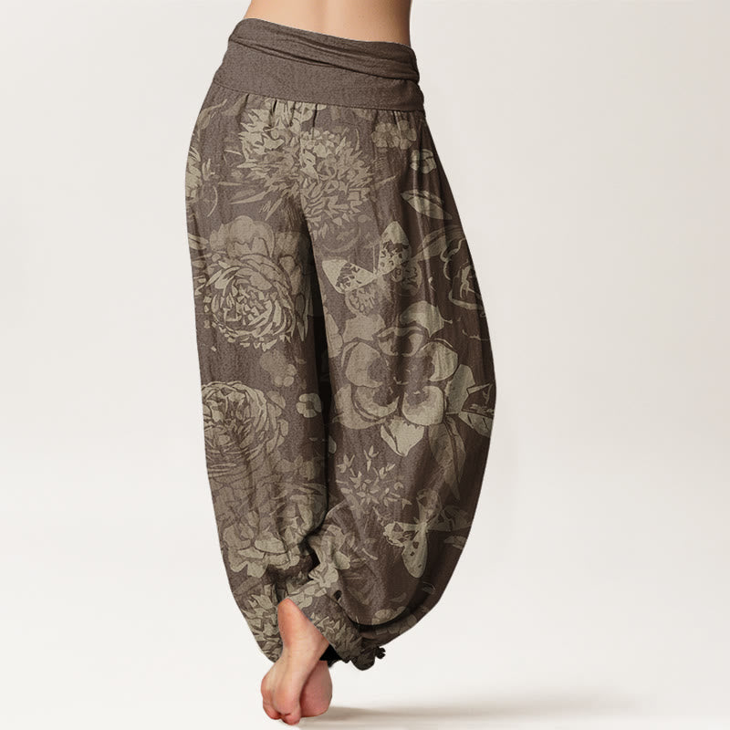 Pantalones harén con cintura elástica para mujer, informales, con diseño de flores de peonía y hojas de Buddha Stones - image 7