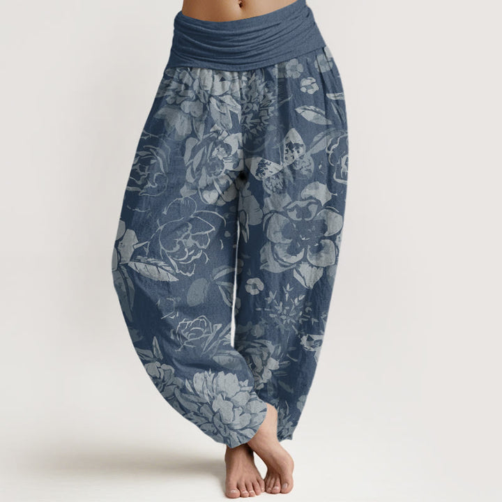 Pantalones harén con cintura elástica para mujer, informales, con diseño de flores de peonía y hojas de Buddha Stones - Celeste - US22,UK/AU26,EU54 (6XL) - image 8