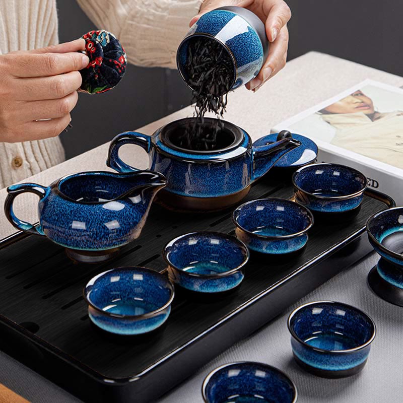 Juego de caja con bolsa de regalo portátil, tetera de cerámica de té Gongfu chino, Color degradado en azul, Buddha Stones