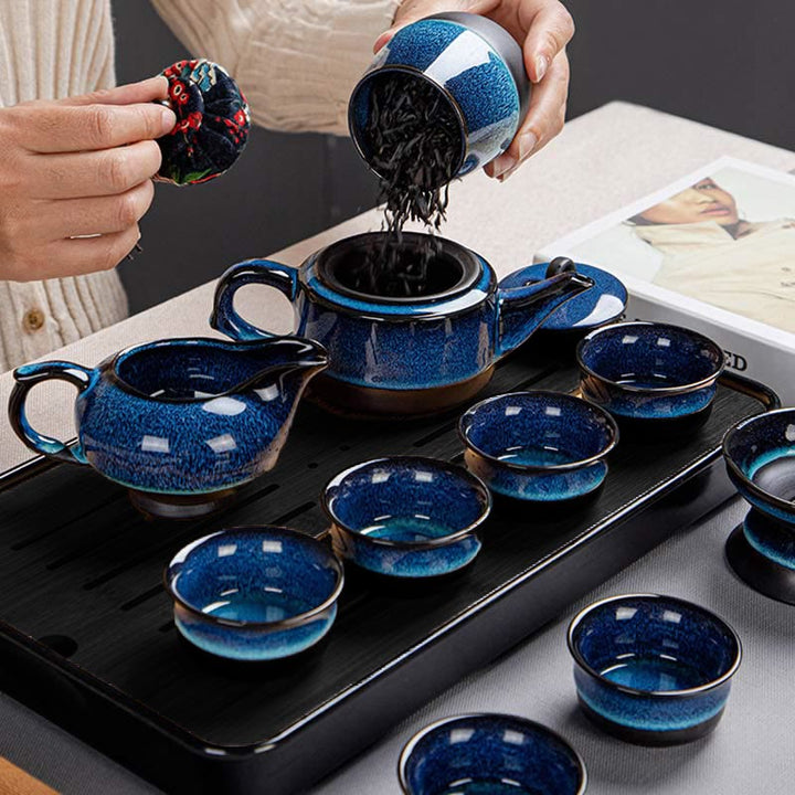 Juego de caja con bolsa de regalo portátil, tetera de cerámica de té Gongfu chino, Color degradado en azul, Buddha Stones