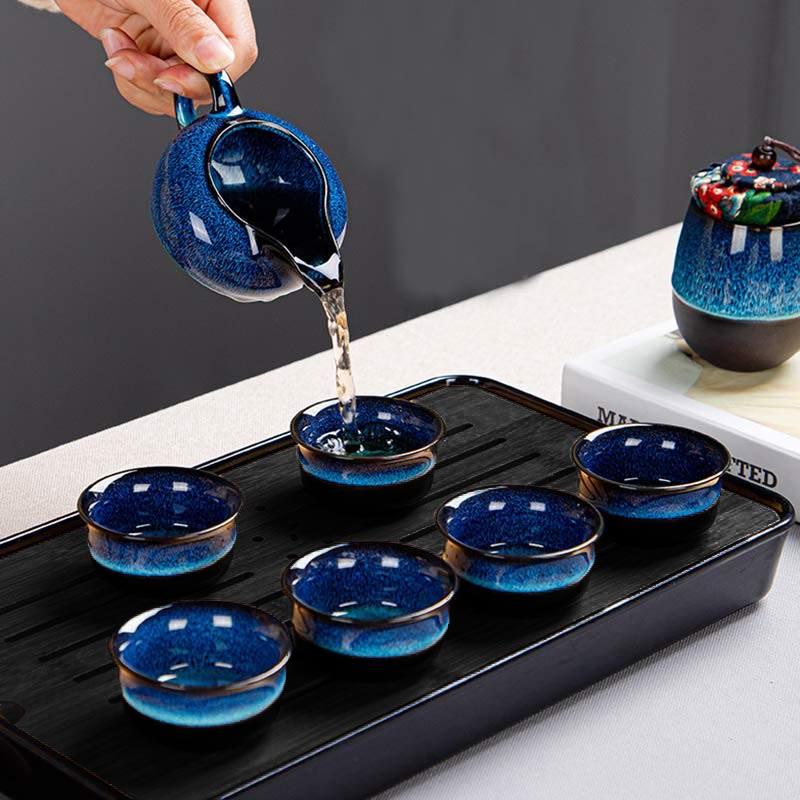 Juego de caja con bolsa de regalo portátil, tetera de cerámica de té Gongfu chino, Color degradado en azul, Buddha Stones