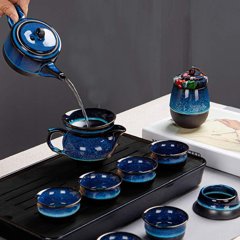 Juego de caja con bolsa de regalo portátil, tetera de cerámica de té Gongfu chino, Color degradado en azul, Buddha Stones