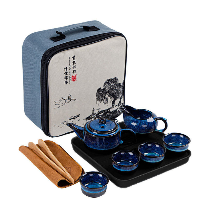 Juego de caja con bolsa de regalo portátil, tetera de cerámica de té Gongfu chino, Color degradado en azul, Buddha Stones