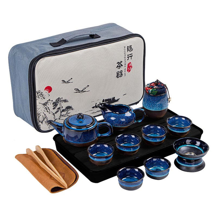 Juego de caja con bolsa de regalo portátil, tetera de cerámica de té Gongfu chino, Color degradado en azul, Buddha Stones