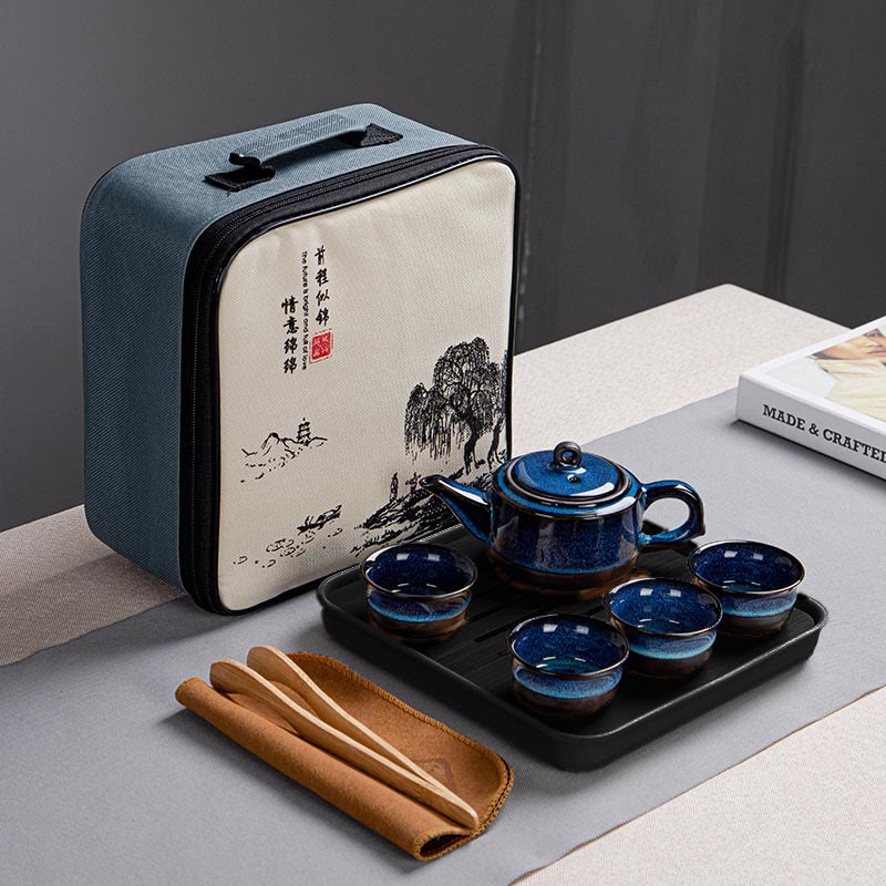 Juego de caja con bolsa de regalo portátil, tetera de cerámica de té Gongfu chino, Color degradado en azul, Buddha Stones
