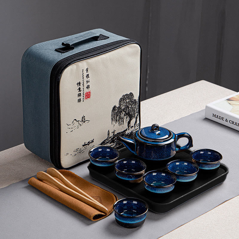 Juego de caja con bolsa de regalo portátil, tetera de cerámica de té Gongfu chino, Color degradado en azul, Buddha Stones