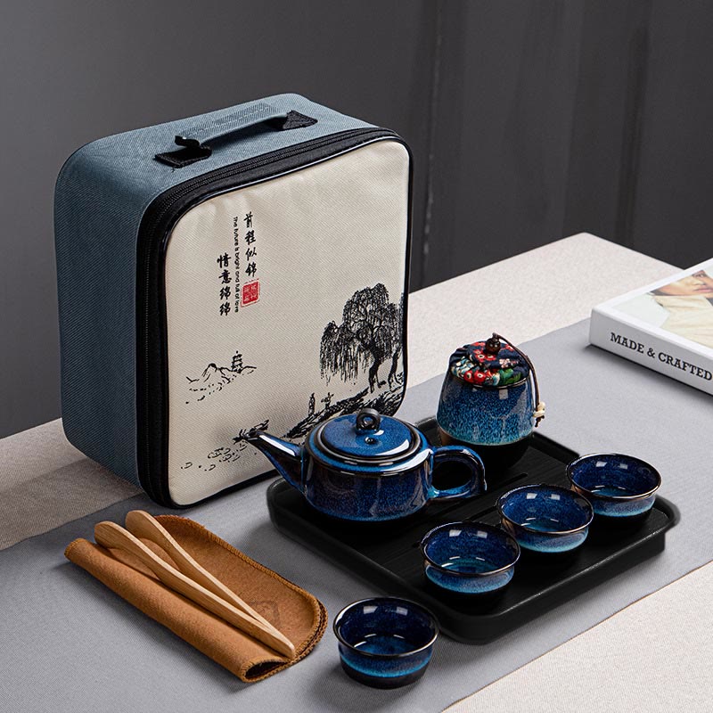 Juego de caja con bolsa de regalo portátil, tetera de cerámica de té Gongfu chino, Color degradado en azul, Buddha Stones