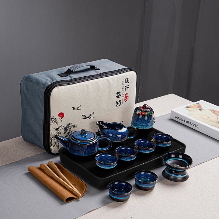 Juego de caja con bolsa de regalo portátil, tetera de cerámica de té Gongfu chino, Color degradado en azul, Buddha Stones