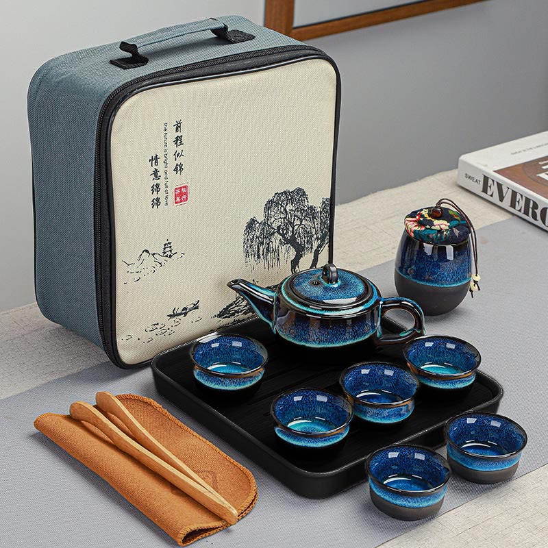 Juego de caja con bolsa de regalo portátil, tetera de cerámica de té Gongfu chino, Color degradado en azul, Buddha Stones