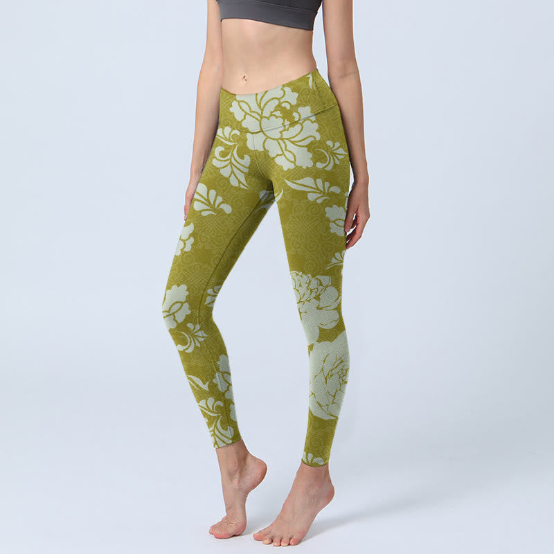 Leggings de yoga para mujer con estampado de flores monocromáticas y Buddha Stones - AmarilloVerde - US18,UK/AU22,EU50 (4XL) - image 1