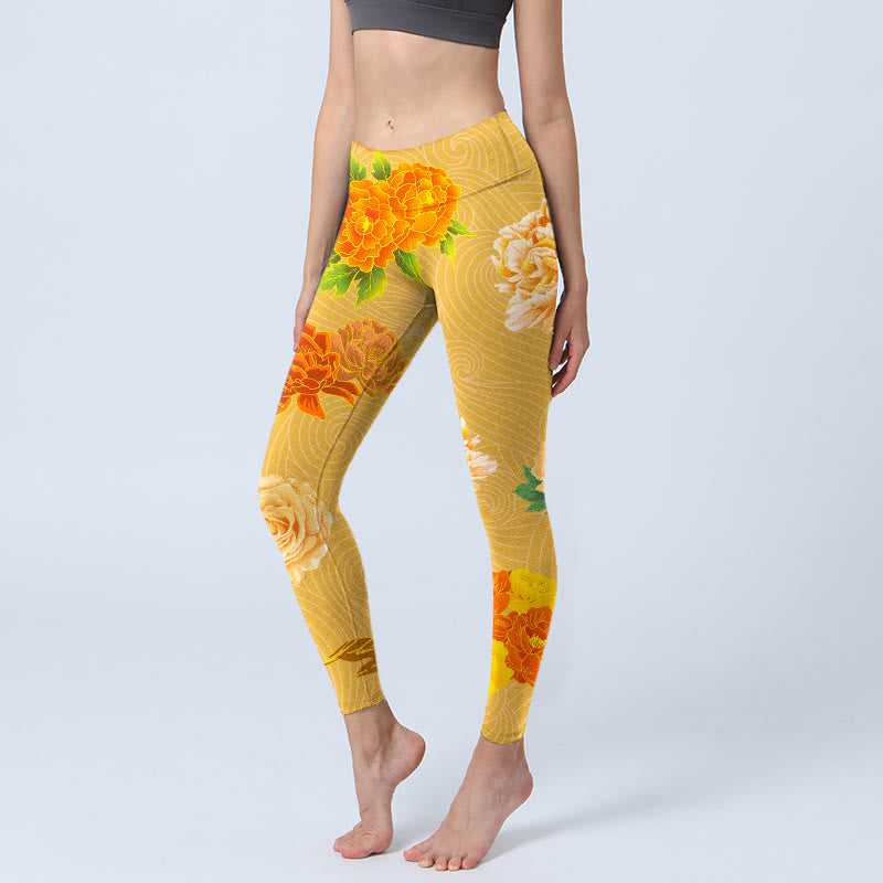 Leggings de yoga para mujer con estampado de flores de rosas vibrantes y Buddha Stones - Oro - US18,UK/AU22,EU50 (4XL) - image 1