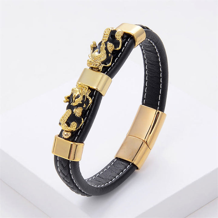 Pulsera de cuero con hebilla magnética y doble PiXiu de Buddha Stones para la riqueza y la suerte - PiXiu de oro negro - 18-22 cm - image 2