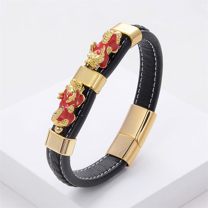 Pulsera de cuero con hebilla magnética y doble PiXiu de Buddha Stones para la riqueza y la suerte - PiXiu rojo - 18-22 cm - image 8