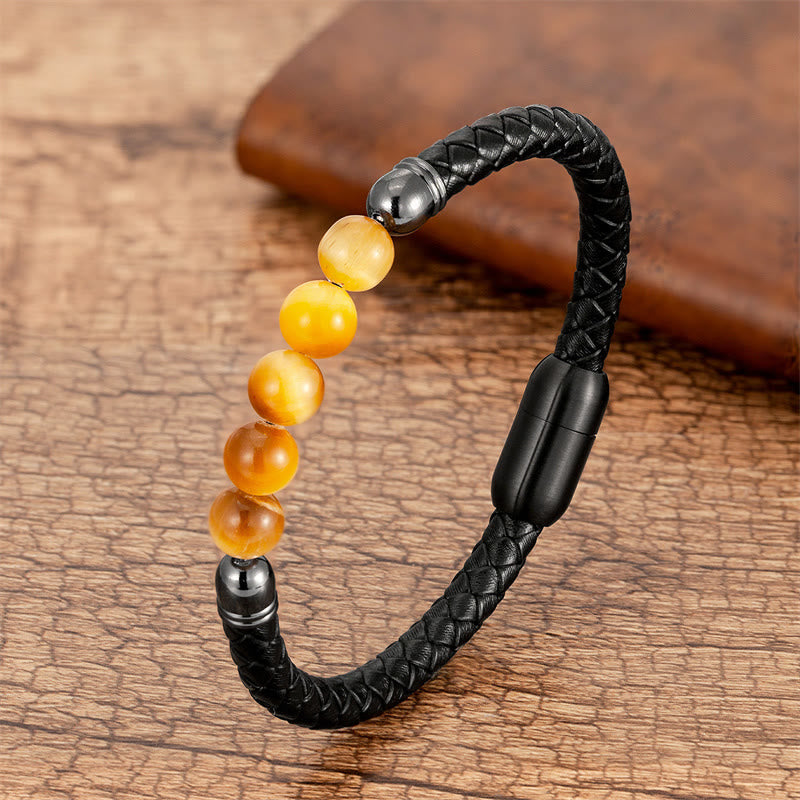 Pulsera de cuero protectora con cuentas de lazurita, ónix negro, ágata azul, ojo de tigre y Buddha Stones - Ojo de tigre dorado - 18-22 cm - image 7
