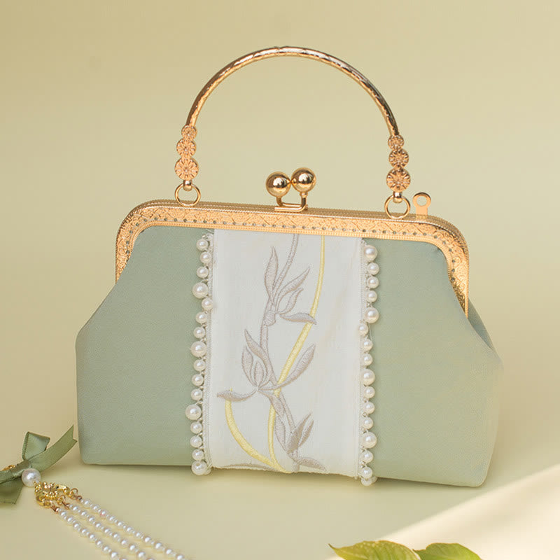 Bolso bandolera con cadena de metal y bordado de flores de doble cara con Buddha Stones y colgante de perlas
