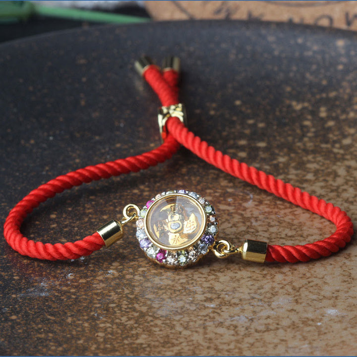 Pulsera trenzada con hilo rojo y Buddha Stones, color cobre y latón, molino de viento giratorio, Feng Sheng Shui, Qi Fu