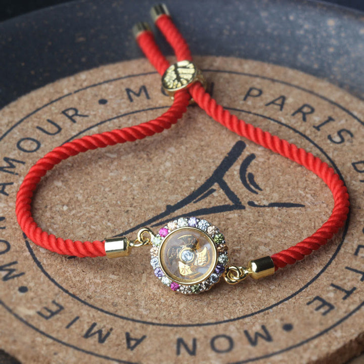 Pulsera trenzada con hilo rojo y Buddha Stones, color cobre y latón, molino de viento giratorio, Feng Sheng Shui, Qi Fu