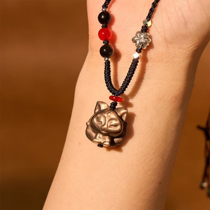 Collar con colgante de protección de zorro de nueve colas con obsidiana y brillo de plata natural con Buddha Stones