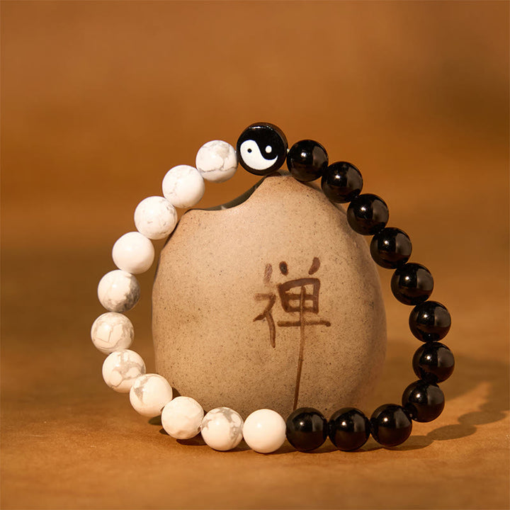 Pulsera de fuerza Yinyang Tai Chi con obsidiana natural y turquesa blanca y Buddha Stones
