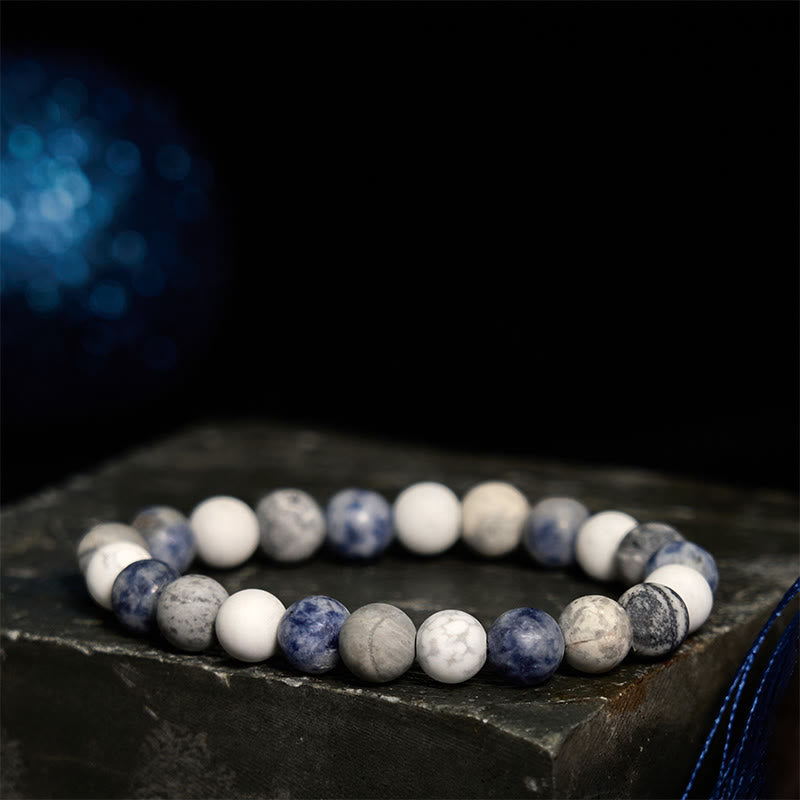 Pulsera de relajación con jaspe picasso, turquesa blanca y jaspe de puntos azules de Buddha Stones