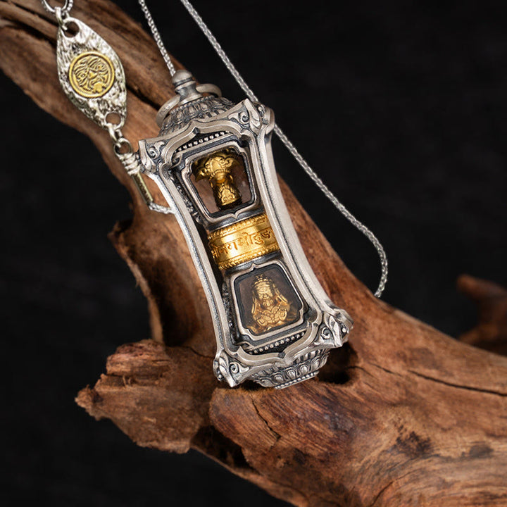 Collar con colgante de bendición de la diosa de la riqueza tibetana Zakiram de plata de ley 925 con Buddha Stones