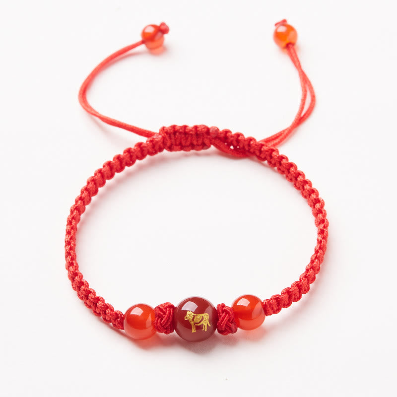 Pulsera trenzada de hilo rojo con ágata roja natural del zodíaco chino y Buddha Stones