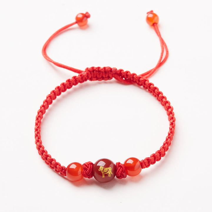 Pulsera trenzada de hilo rojo con ágata roja natural del zodíaco chino y Buddha Stones