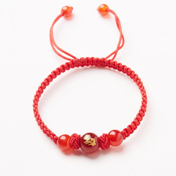 Pulsera trenzada de hilo rojo con ágata roja natural del zodíaco chino y Buddha Stones