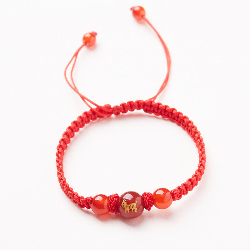 Pulsera trenzada de hilo rojo con ágata roja natural del zodíaco chino y Buddha Stones