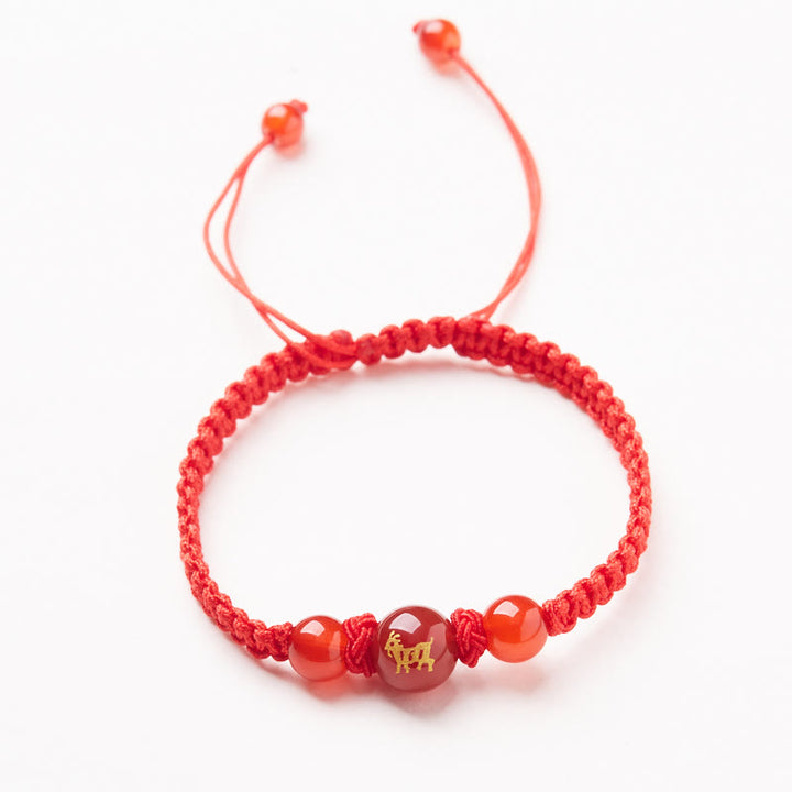 Pulsera trenzada de hilo rojo con ágata roja natural del zodíaco chino y Buddha Stones
