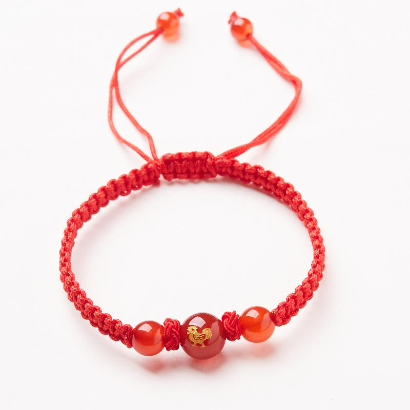 Pulsera trenzada de hilo rojo con ágata roja natural del zodíaco chino y Buddha Stones