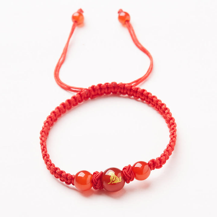 Pulsera trenzada de hilo rojo con ágata roja natural del zodíaco chino y Buddha Stones