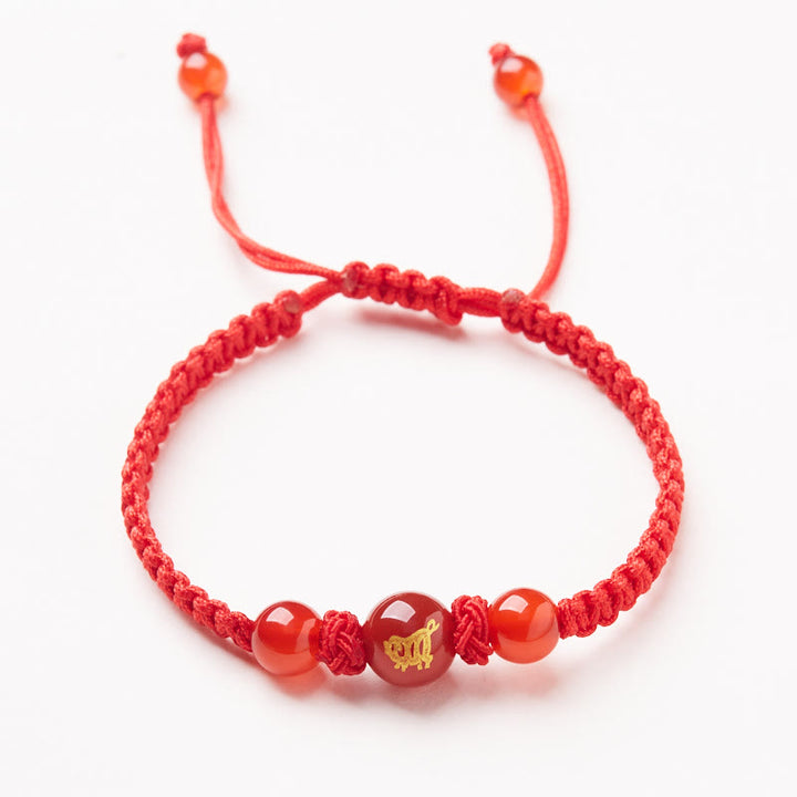 Pulsera trenzada de hilo rojo con ágata roja natural del zodíaco chino y Buddha Stones