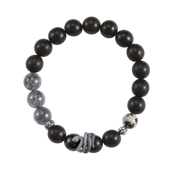 Pulsera de equilibrio del año de la serpiente con Buddha Stones, madera de ébano, cuarzo rutilado negro y plata de ley 925