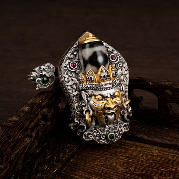 Collar con colgante de protección de cuentas Dzi de la diosa de la riqueza tibetana Zakiram de plata de ley 925 con Buddha Stones