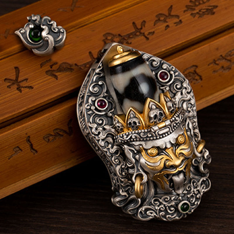 Collar con colgante de protección de cuentas Dzi de la diosa de la riqueza tibetana Zakiram de plata de ley 925 con Buddha Stones