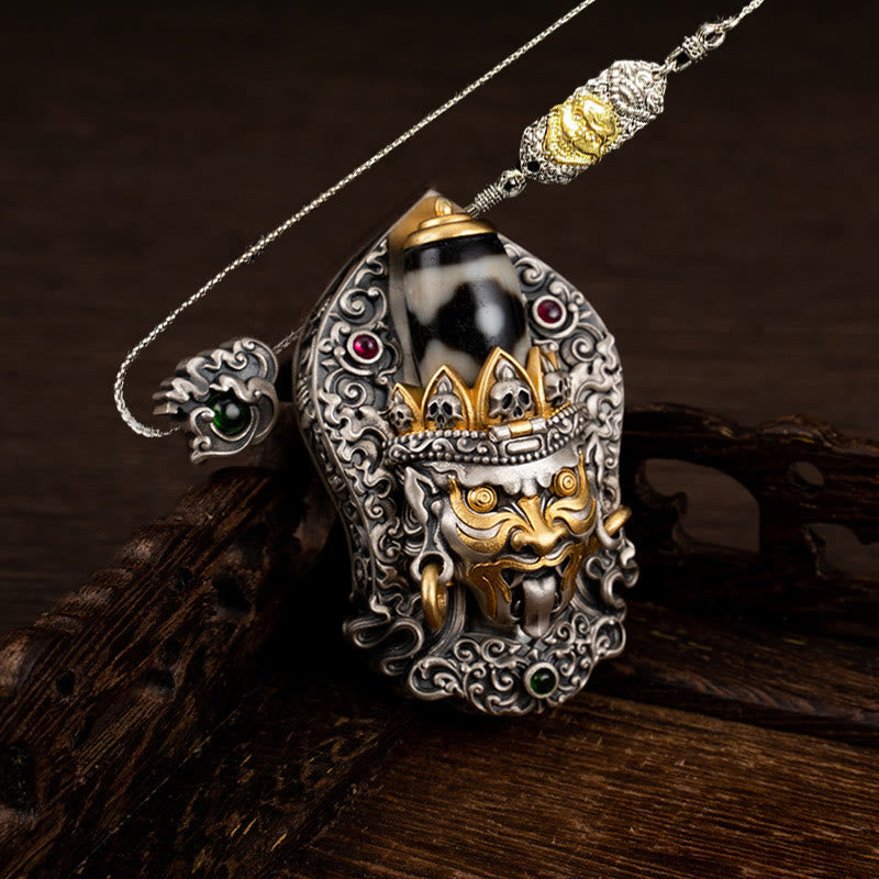 Collar con colgante de protección de cuentas Dzi de la diosa de la riqueza tibetana Zakiram de plata de ley 925 con Buddha Stones